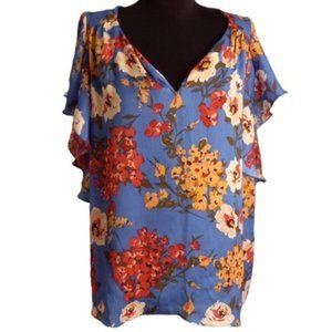 UMGEE M Floral Blue Pink Cream Green short flutter sleeve Blouse Top Tunic